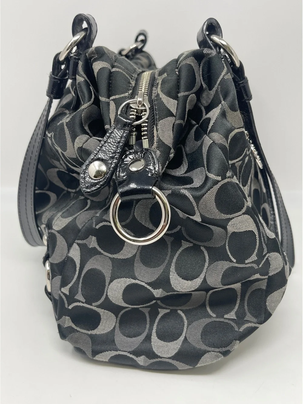 Coach Black Signature C Jacquard Shoulder Bag Purse Tote Silver Hardware Canvas